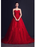 Red Lace Tulle Strapless Corset Back Long Wedding Dress